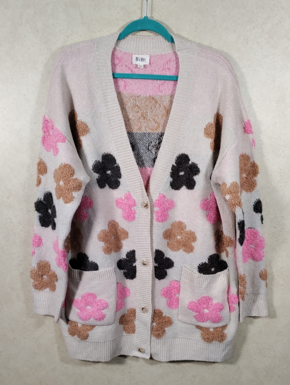 H137 BiBi Tan Cardigan with Pink, Brown & Black Floral Motif XL